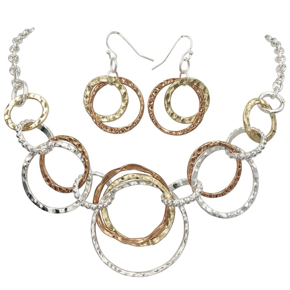 Hammered Rings Tri-tone Necklace Earrings Set